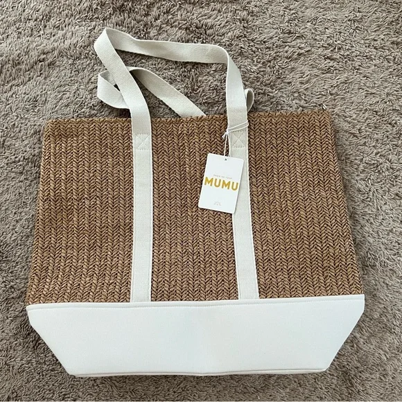 ☀️ Mumu ☀️ Stylish Tan and White Tote Bag - Picture 3 of 7